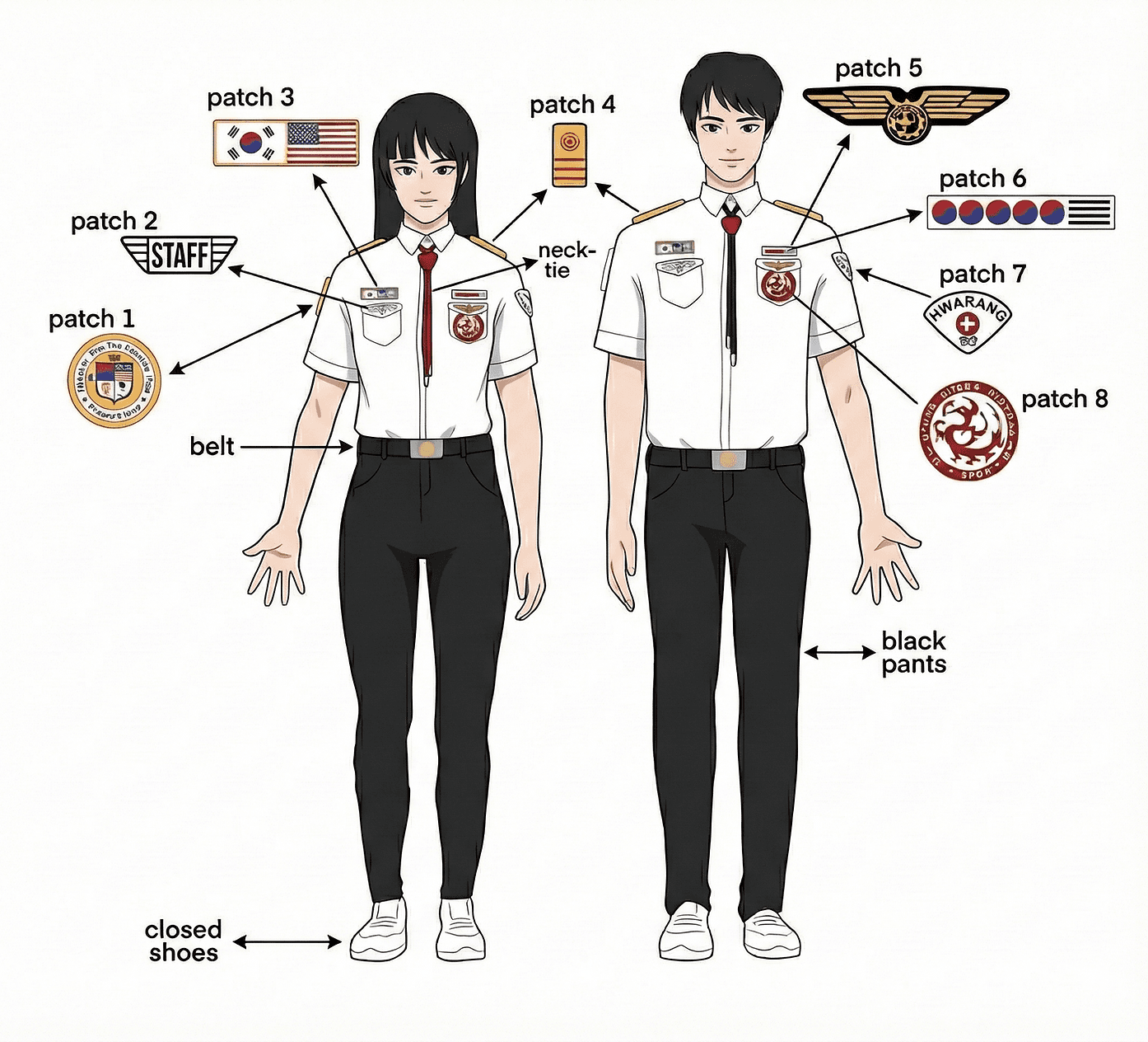 Hwarang International officer uniform with labeled patches and insignia